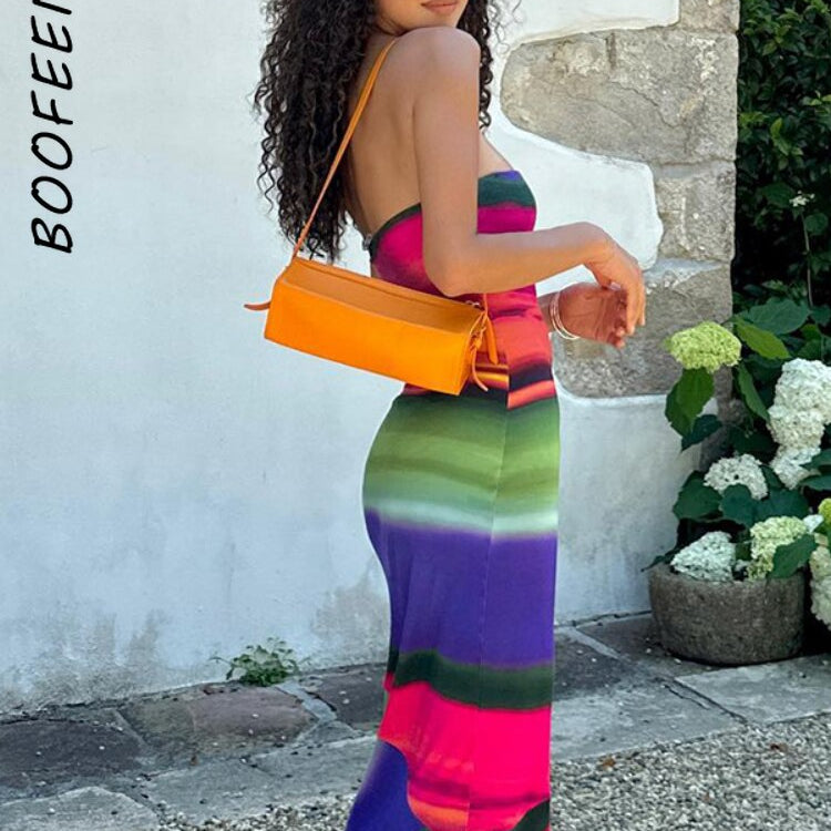 BOOFEENAA Multicolor Print Tube Top Dresses for Women Elegant Sexy Vacation Outfits Irregular Hem Midi Dress Fall 2024 C15-BF20