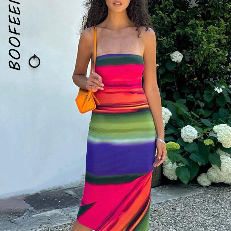BOOFEENAA Multicolor Print Tube Top Dresses for Women Elegant Sexy Vacation Outfits Irregular Hem Midi Dress Fall 2024 C15-BF20