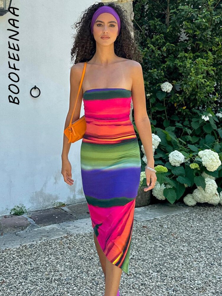 BOOFEENAA Multicolor Print Tube Top Dresses for Women Elegant Sexy Vacation Outfits Irregular Hem Midi Dress Fall 2024 C15-BF20