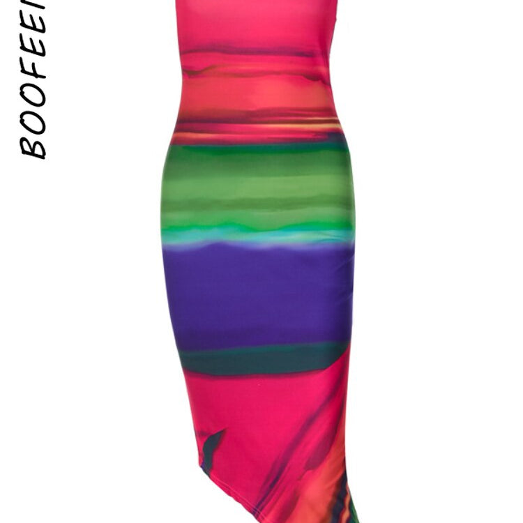 BOOFEENAA Multicolor Print Tube Top Dresses for Women Elegant Sexy Vacation Outfits Irregular Hem Midi Dress Fall 2024 C15-BF20