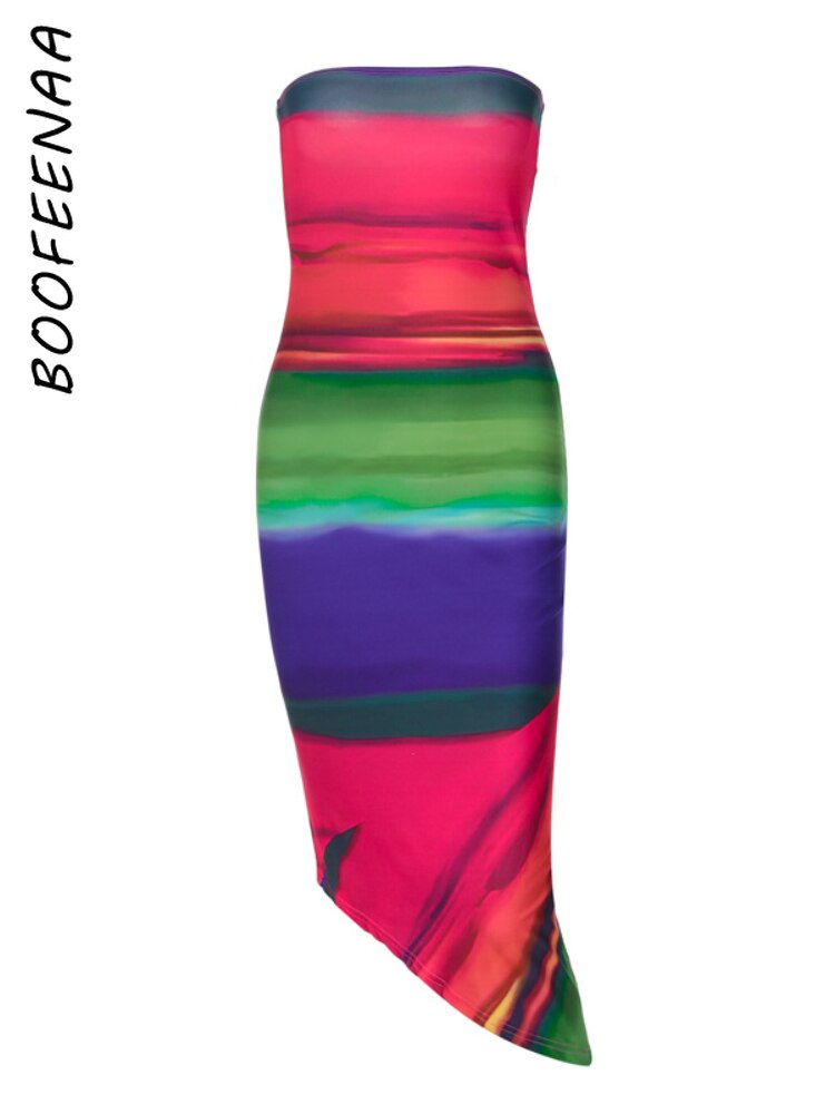 BOOFEENAA Multicolor Print Tube Top Dresses for Women Elegant Sexy Vacation Outfits Irregular Hem Midi Dress Fall 2024 C15-BF20