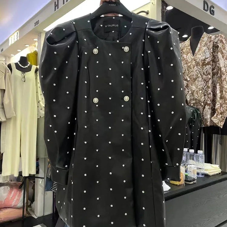BZVW [in Stock] Polka Dot PU Leather Women's Coat 2023 Spring Autumn Loose Designer Temperament Double Breasted Jacket Female Black Medium Length