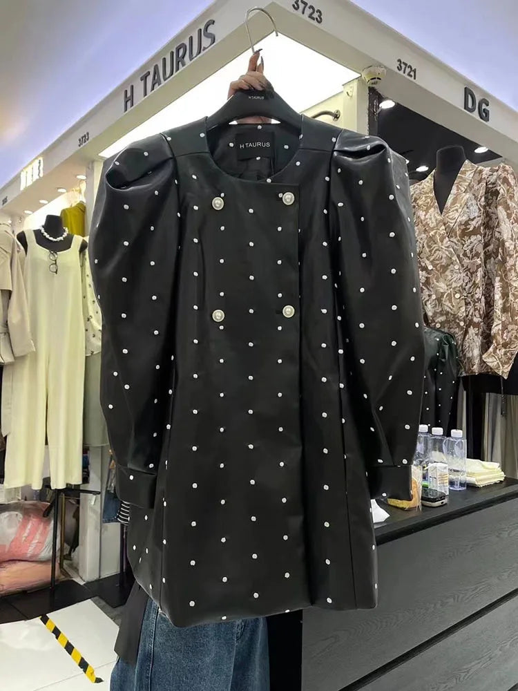 BZVW [in Stock] Polka Dot PU Leather Women's Coat 2023 Spring Autumn Loose Designer Temperament Double Breasted Jacket Female Black Medium Length