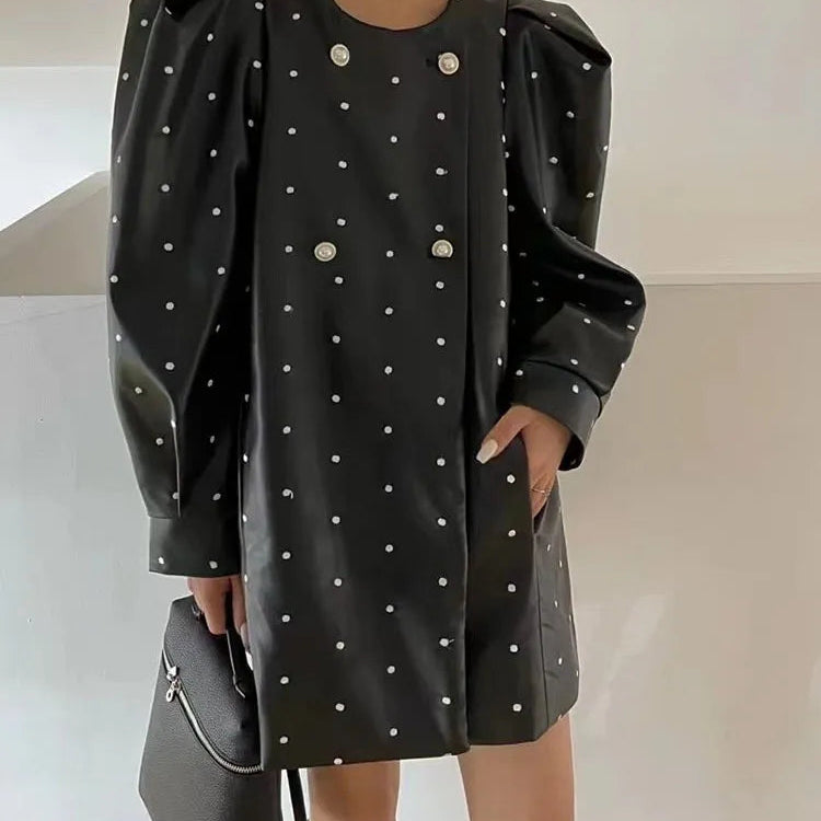 BZVW [in Stock] Polka Dot PU Leather Women's Coat 2023 Spring Autumn Loose Designer Temperament Double Breasted Jacket Female