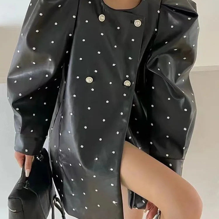 BZVW [in Stock] Polka Dot PU Leather Women's Coat 2023 Spring Autumn Loose Designer Temperament Double Breasted Jacket Female AMAIO