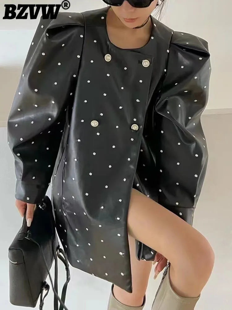 BZVW [in Stock] Polka Dot PU Leather Women's Coat 2023 Spring Autumn Loose Designer Temperament Double Breasted Jacket Female
