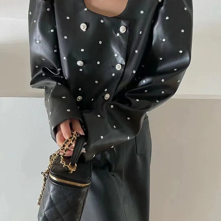 BZVW [in Stock] Polka Dot PU Leather Women's Coat 2023 Spring Autumn Loose Designer Temperament Double Breasted Jacket Female