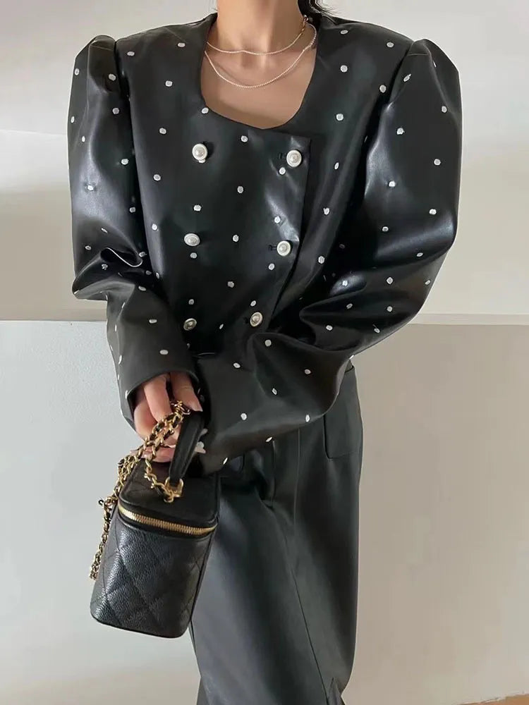 BZVW [in Stock] Polka Dot PU Leather Women's Coat 2023 Spring Autumn Loose Designer Temperament Double Breasted Jacket Female