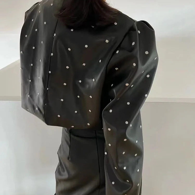 BZVW [in Stock] Polka Dot PU Leather Women's Coat 2023 Spring Autumn Loose Designer Temperament Double Breasted Jacket Female