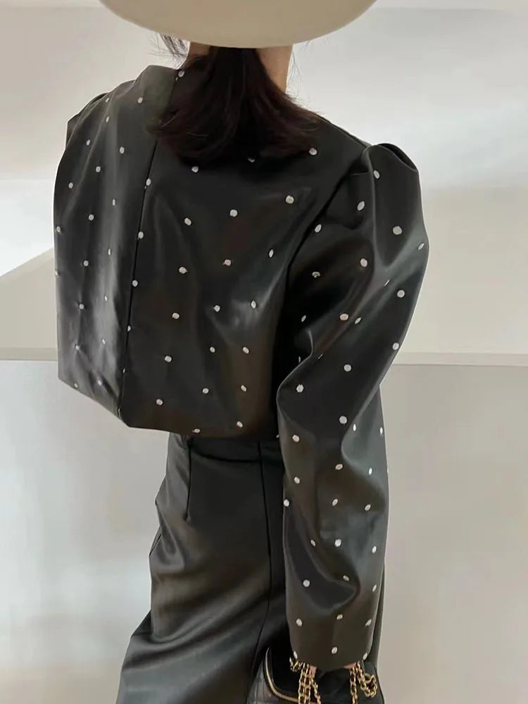 BZVW [in Stock] Polka Dot PU Leather Women's Coat 2023 Spring Autumn Loose Designer Temperament Double Breasted Jacket Female