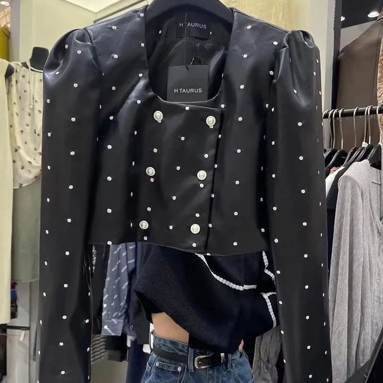 BZVW [in Stock] Polka Dot PU Leather Women's Coat 2023 Spring Autumn Loose Designer Temperament Double Breasted Jacket Female Black Short