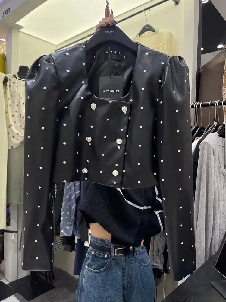 BZVW [in Stock] Polka Dot PU Leather Women's Coat 2023 Spring Autumn Loose Designer Temperament Double Breasted Jacket Female Black Short
