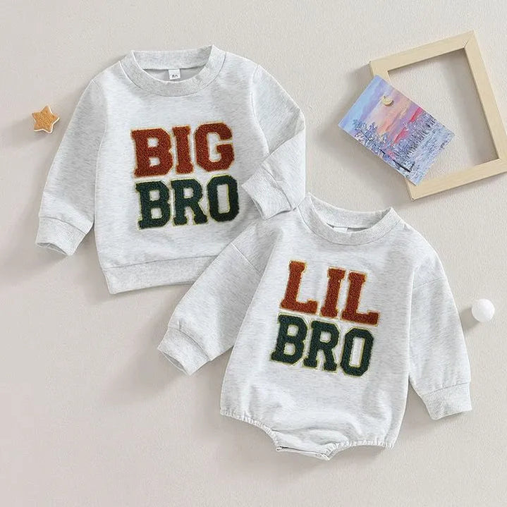 Baby Boutique Boy Cotton Long T-shirt Set French Knot White Romper And sleeve Clothes Baby Lil Big Brother French Knot Jumpsuit AMAIO