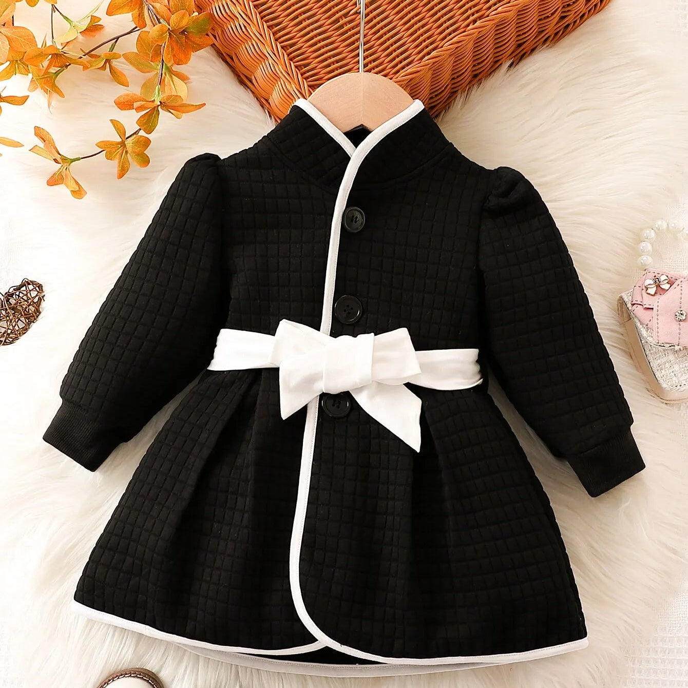 Baby Girls Fashion Autumn And Winter Thermal Belted Dress Set Princess Coat Classic Black And White Color Contrast Cardigan black