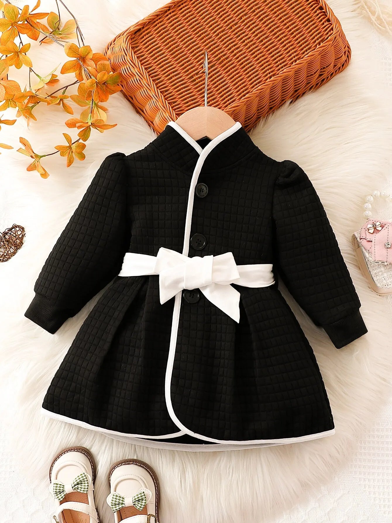 Baby Girls Fashion Autumn And Winter Thermal Belted Dress Set Princess Coat Classic Black And White Color Contrast Cardigan black