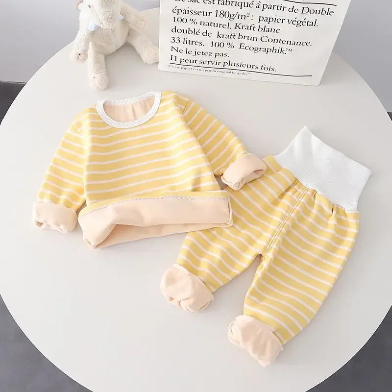 Baby Warm Clothes Suit Home Wear Padded High Waist Belly Protection Pajamas Baby Boys Autumn Clothes Thin Velvet Girls Light Yellow Set