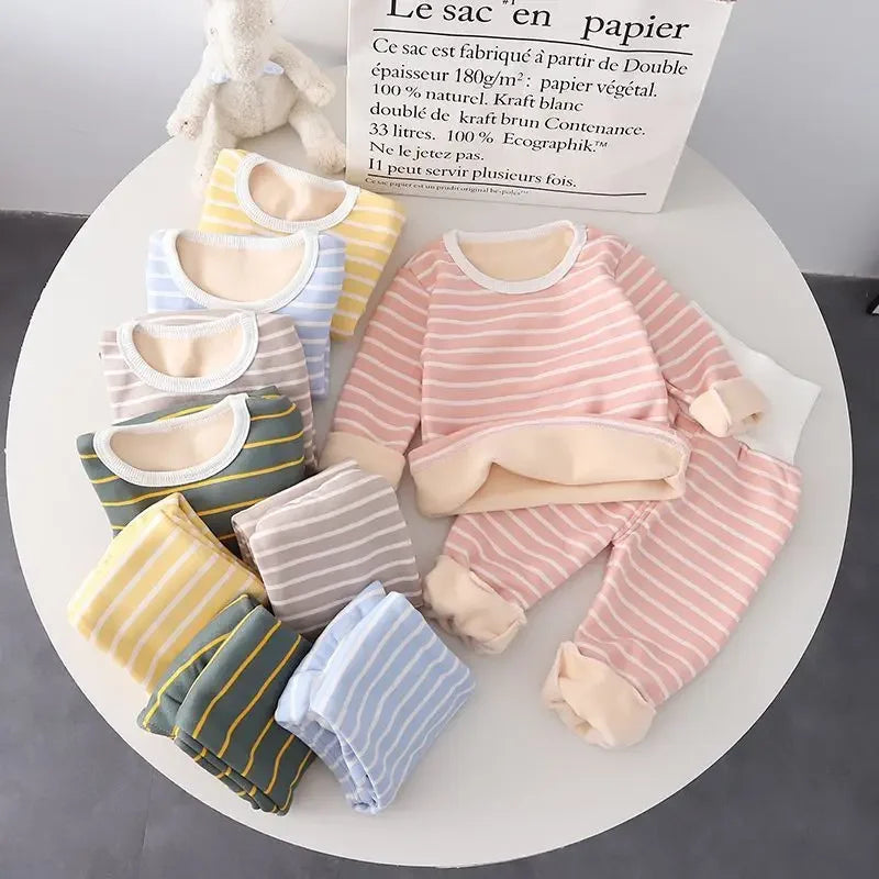 Baby Warm Clothes Suit Home Wear Padded High Waist Belly Protection Pajamas Baby Boys Autumn Clothes Thin Velvet Girls