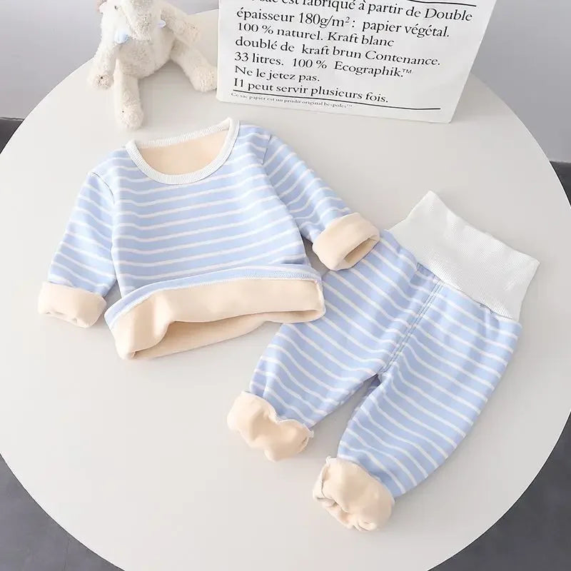 Baby Warm Clothes Suit Home Wear Padded High Waist Belly Protection Pajamas Baby Boys Autumn Clothes Thin Velvet Girls Light Blue Set