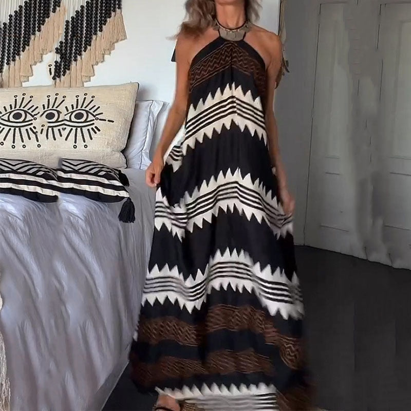 Backless Vacation Beach Dress Casual Ladies Pattern Print Loose Sundress Summer 01 Black