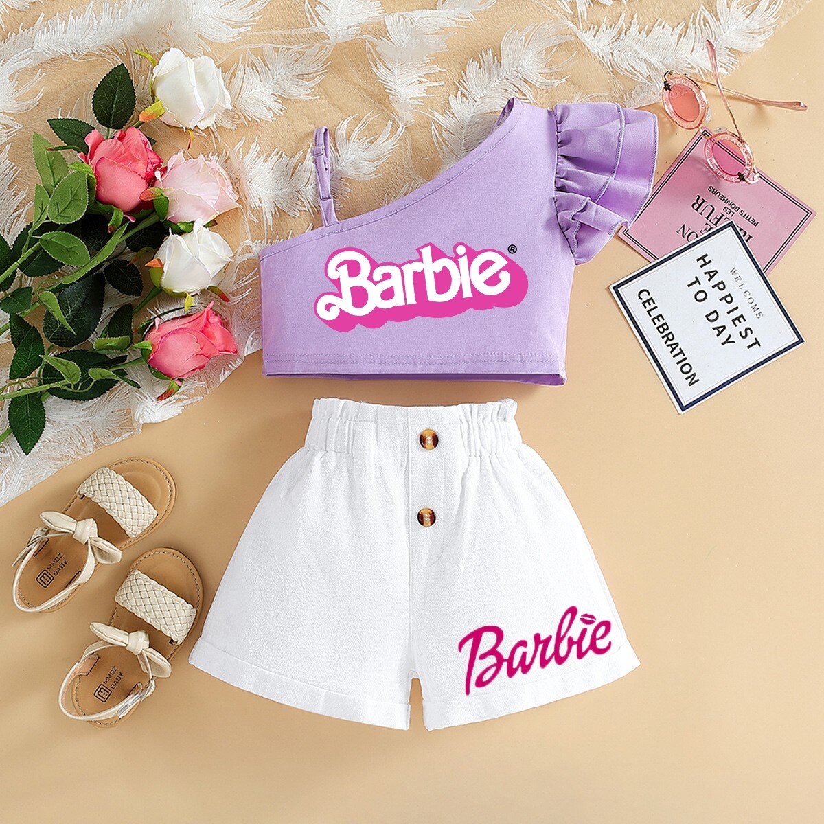 Barbie Children Clothing Kawaii Soft Summer Suit Y2K Girls Slanted Shoulders Suspender Top Shorts All Match Loose Short Sleeve 16