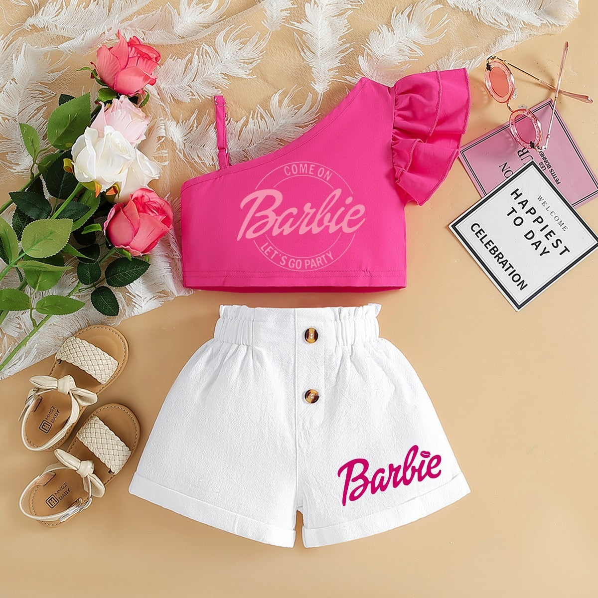 Barbie Children Clothing Kawaii Soft Summer Suit Y2K Girls Slanted Shoulders Suspender Top Shorts All Match Loose Short Sleeve 13
