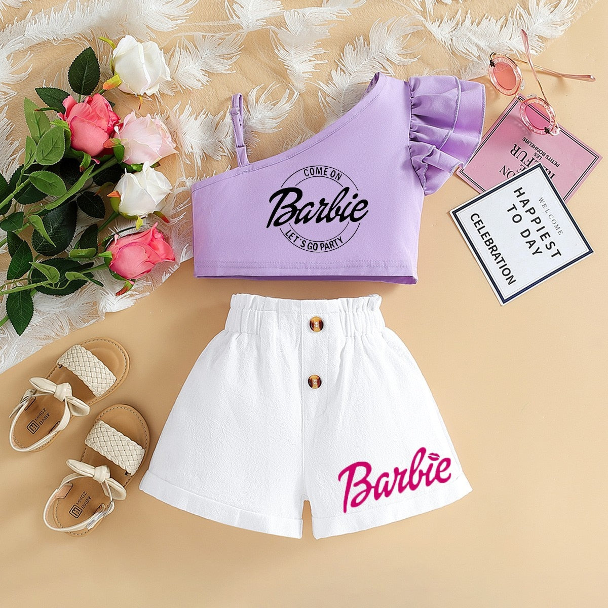 Barbie Children Clothing Kawaii Soft Summer Suit Y2K Girls Slanted Shoulders Suspender Top Shorts All Match Loose Short Sleeve 15