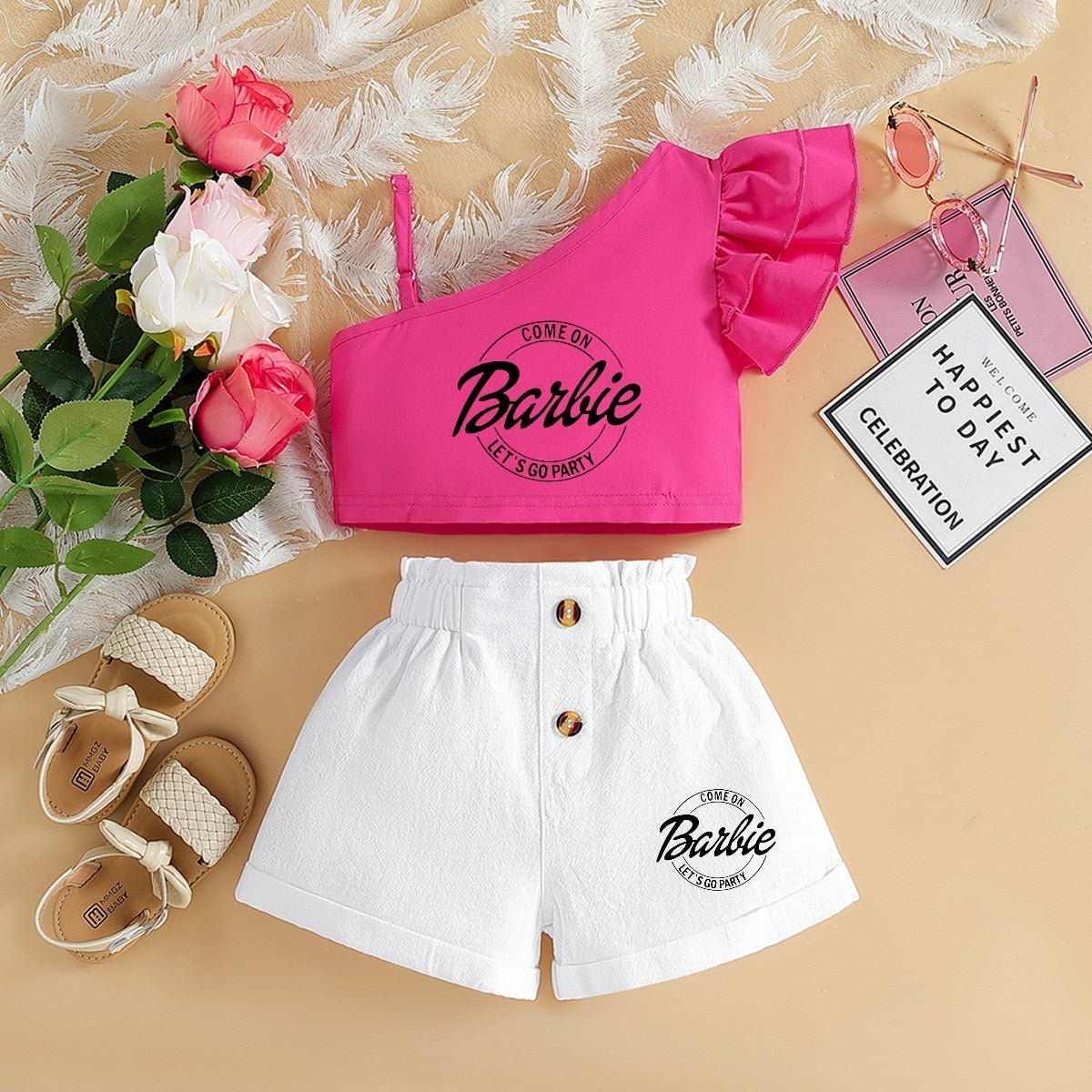 Barbie Children Clothing Kawaii Soft Summer Suit Y2K Girls Slanted Shoulders Suspender Top Shorts All Match Loose Short Sleeve 4