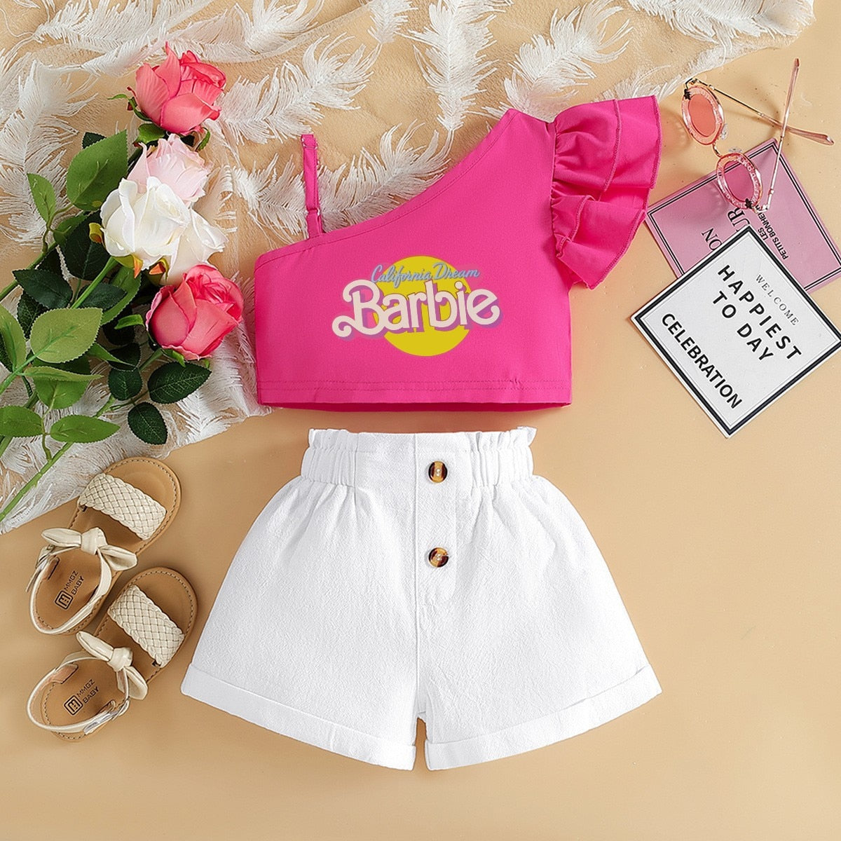 Barbie Children Clothing Kawaii Soft Summer Suit Y2K Girls Slanted Shoulders Suspender Top Shorts All Match Loose Short Sleeve 6