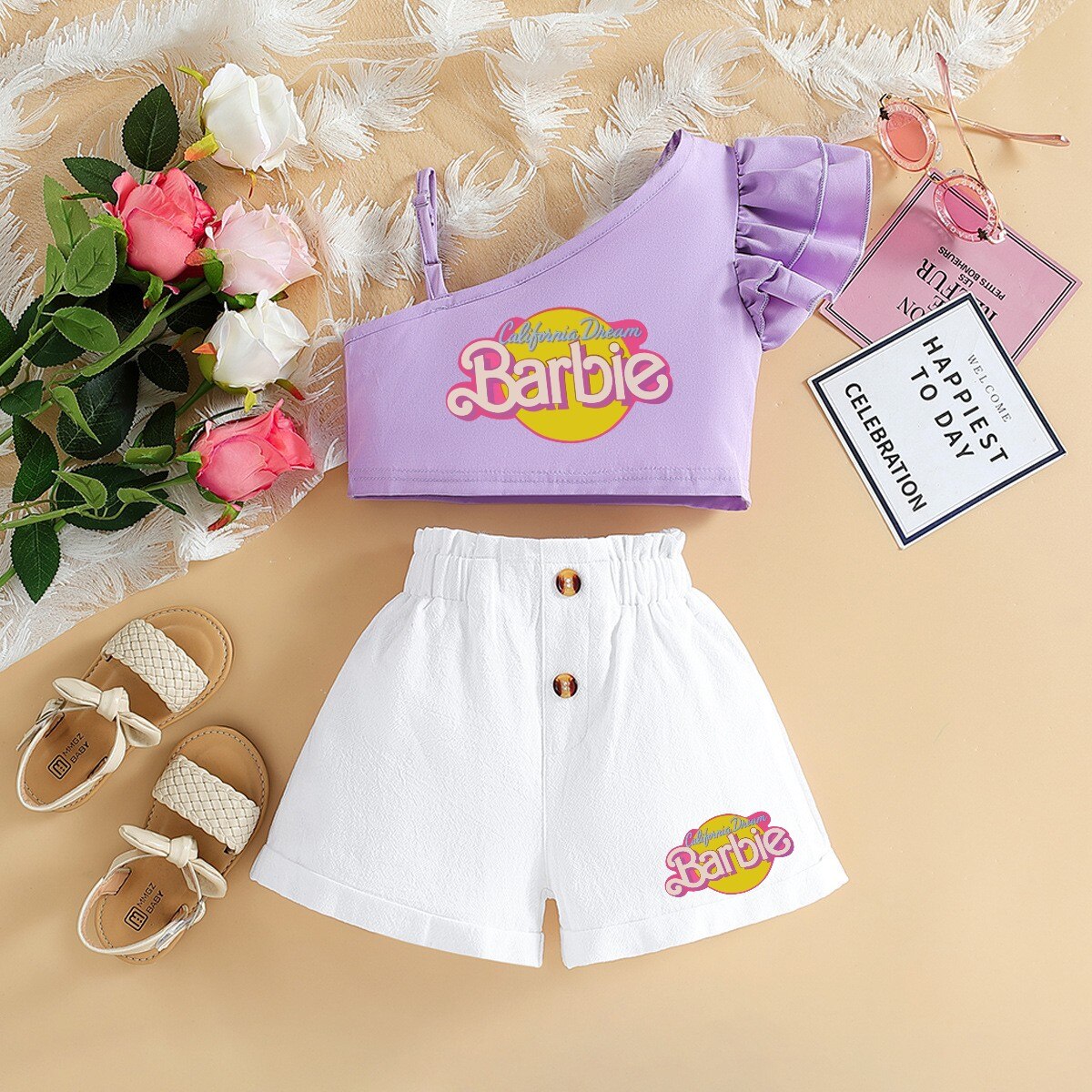 Barbie Children Clothing Kawaii Soft Summer Suit Y2K Girls Slanted Shoulders Suspender Top Shorts All Match Loose Short Sleeve 7