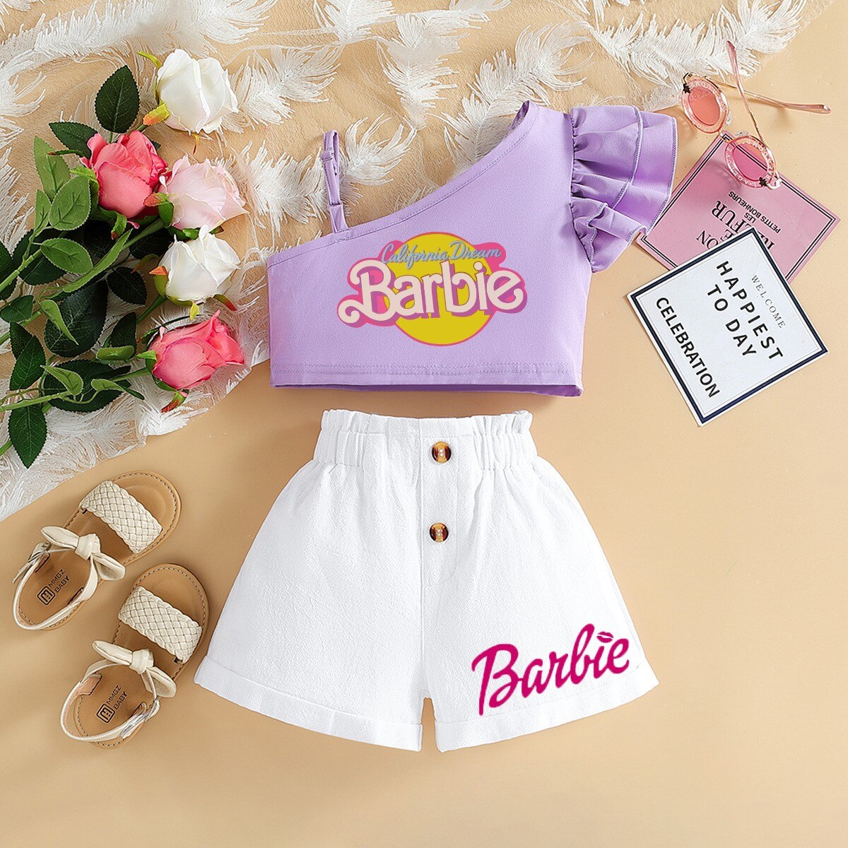 Barbie Children Clothing Kawaii Soft Summer Suit Y2K Girls Slanted Shoulders Suspender Top Shorts All Match Loose Short Sleeve 17