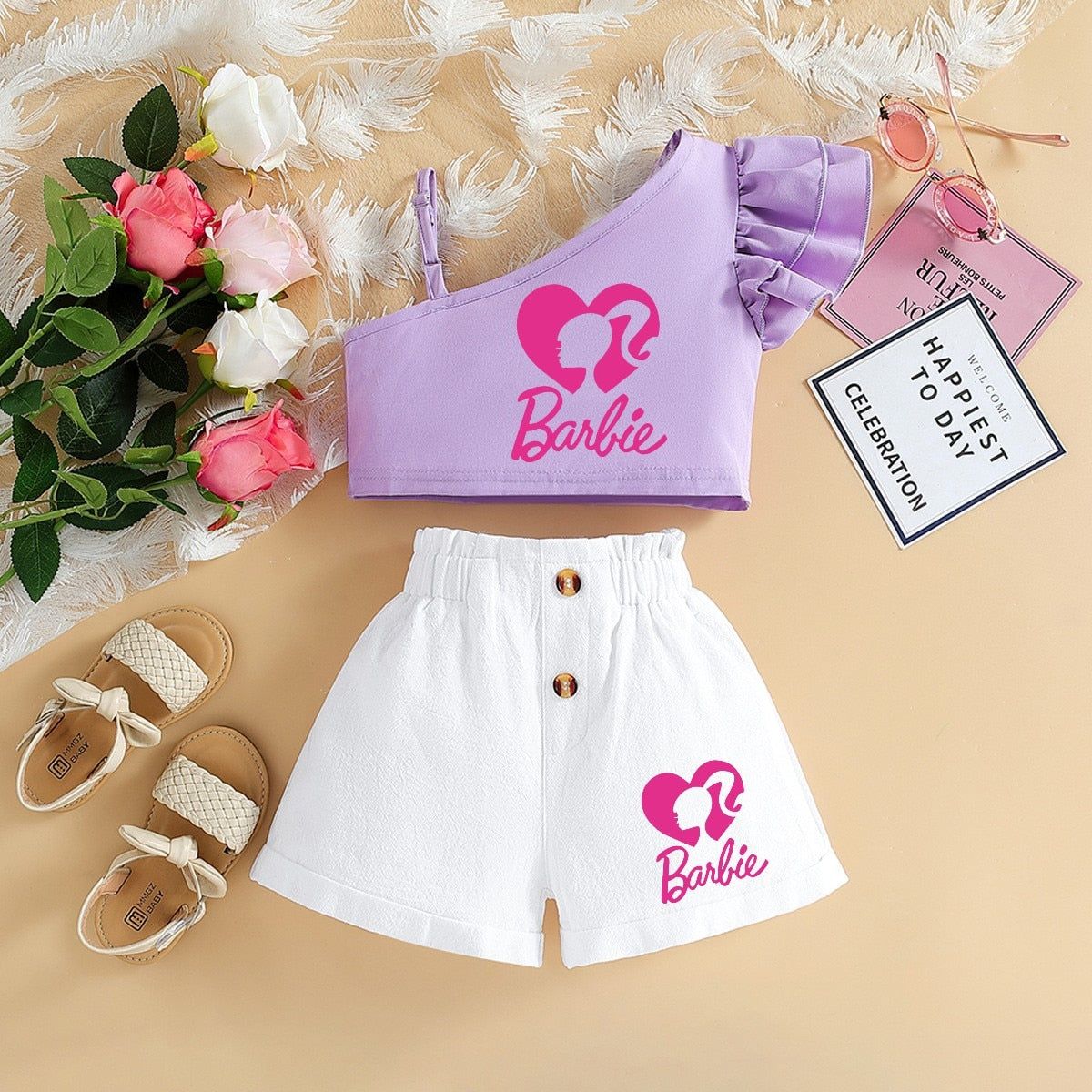 Barbie Children Clothing Kawaii Soft Summer Suit Y2K Girls Slanted Shoulders Suspender Top Shorts All Match Loose Short Sleeve 12