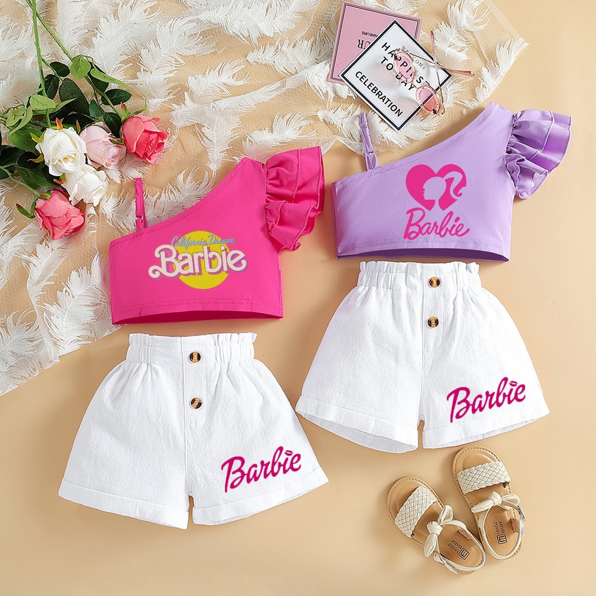 Barbie Children Clothing Kawaii Soft Summer Suit Y2K Girls Slanted Shoulders Suspender Top Shorts All Match Loose Short Sleeve AMAIO