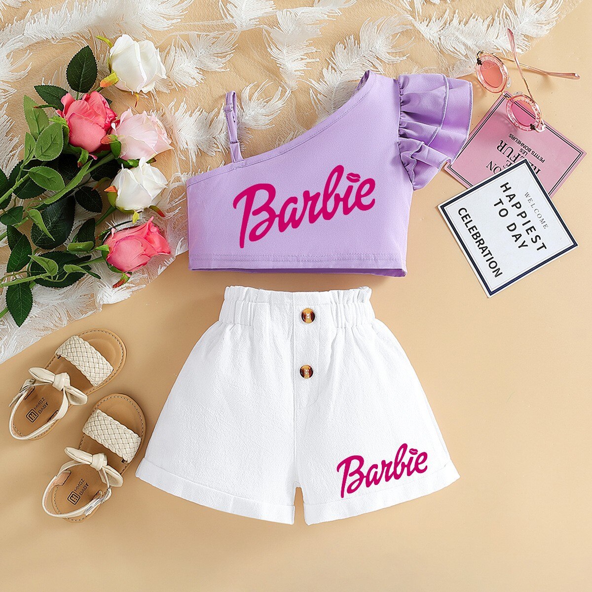 Barbie Children Clothing Kawaii Soft Summer Suit Y2K Girls Slanted Shoulders Suspender Top Shorts All Match Loose Short Sleeve 5