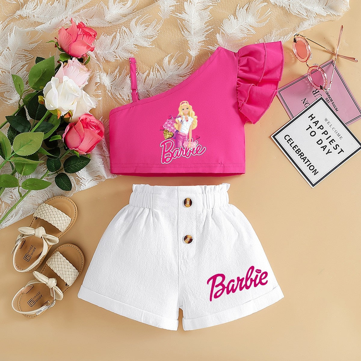 Barbie Children Clothing Kawaii Soft Summer Suit Y2K Girls Slanted Shoulders Suspender Top Shorts All Match Loose Short Sleeve 8