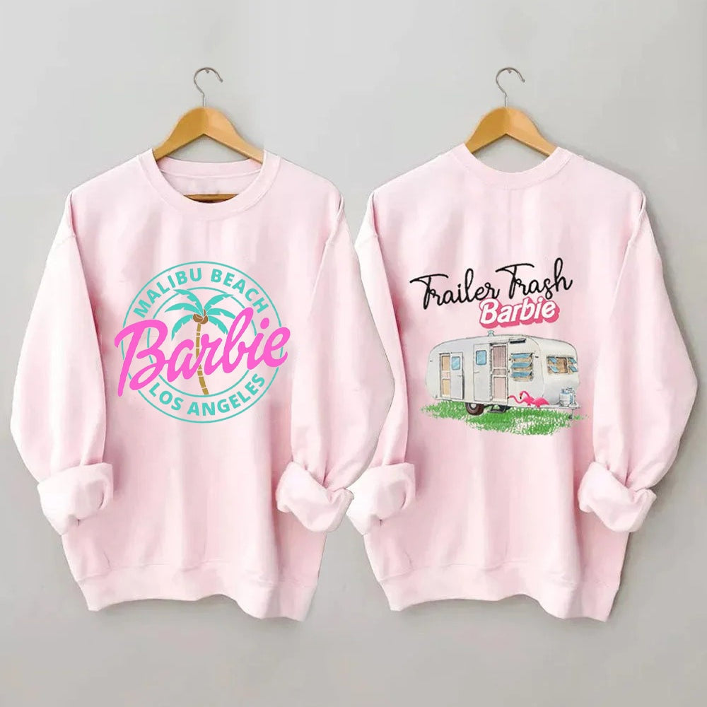 Barbie Coconut Tree Pattern Hoodie Fashion Ladies Letter Pink Sweater Y2K Girls Soft Loose Round Neck Coat Tops Sweatshirt Gifts