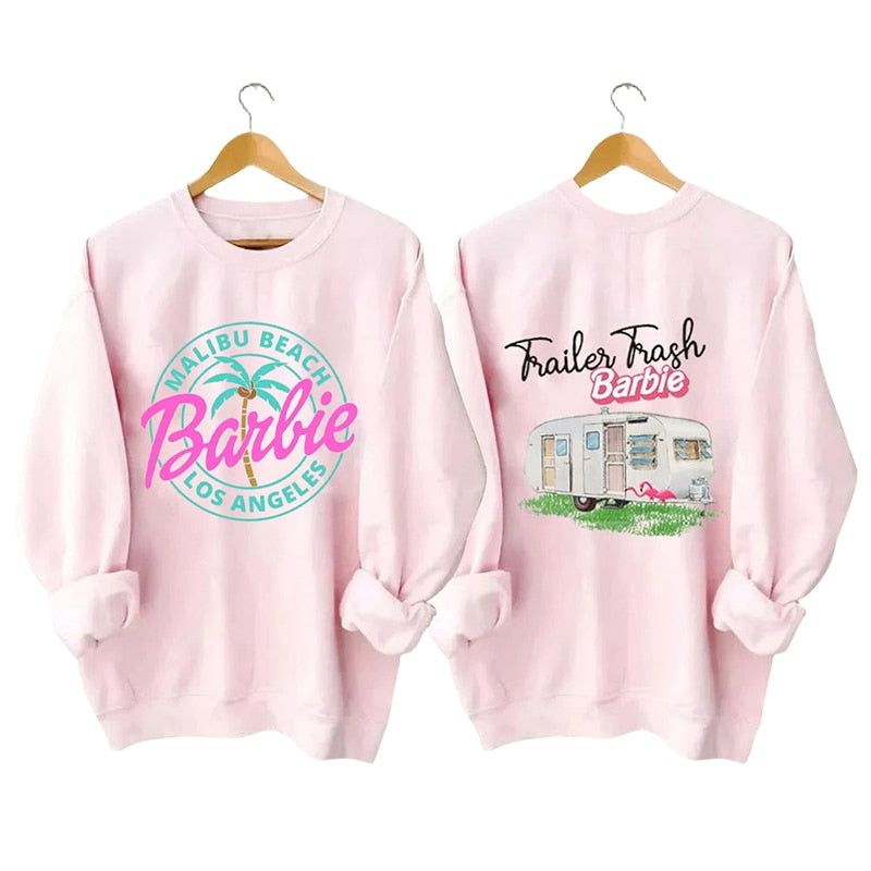 Barbie Coconut Tree Pattern Hoodie Fashion Ladies Letter Pink Sweater Y2K Girls Soft Loose Round Neck Coat Tops Sweatshirt Gifts AMAIO