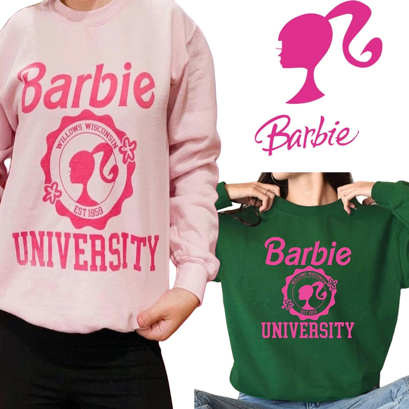 Barbie English Hoodie Fashion Ladies Soft Loose Round Neck Sweater Y2K Girls All Match Long Sleeve Tops Coat Sweatshirt Gifts AMAIO