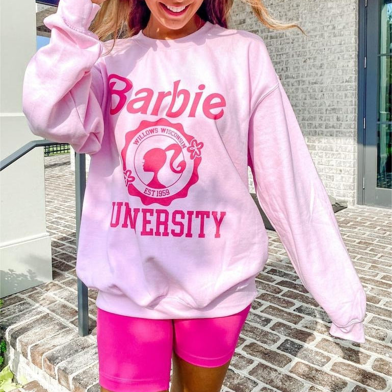 Barbie English Hoodie Fashion Ladies Soft Loose Round Neck Sweater Y2K Girls All Match Long Sleeve Tops Coat Sweatshirt Gifts pink