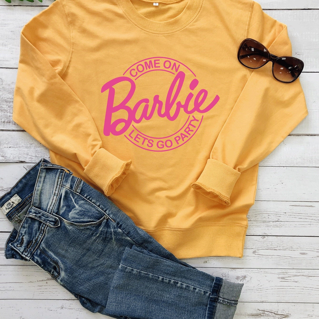 Barbie English Letter Printing Pattern Hoodie Fashion Couple Round Neck Sweater Loose Soft All Match Long Sleeves Tops Gofts yellow