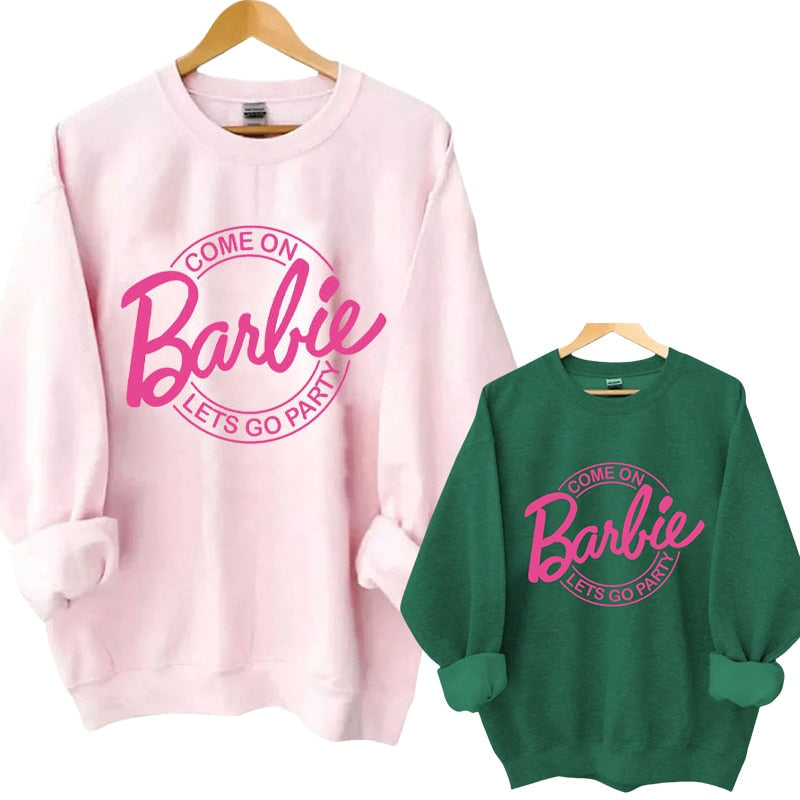 Barbie English Letter Printing Pattern Hoodie Fashion Couple Round Neck Sweater Loose Soft All Match Long Sleeves Tops Gofts AMAIO