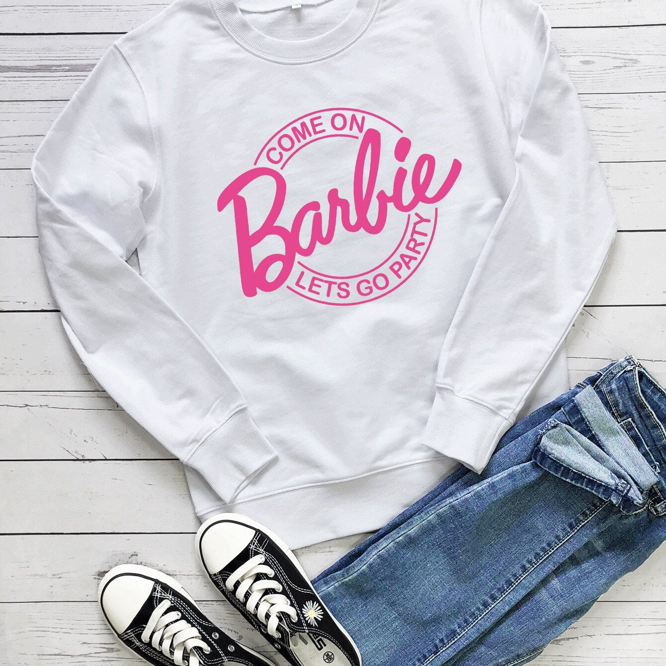 Barbie English Letter Printing Pattern Hoodie Fashion Couple Round Neck Sweater Loose Soft All Match Long Sleeves Tops Gofts white