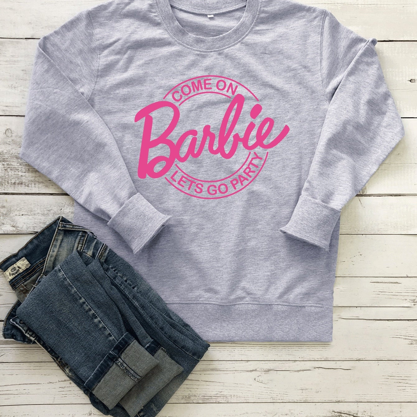 Barbie English Letter Printing Pattern Hoodie Fashion Couple Round Neck Sweater Loose Soft All Match Long Sleeves Tops Gofts grey