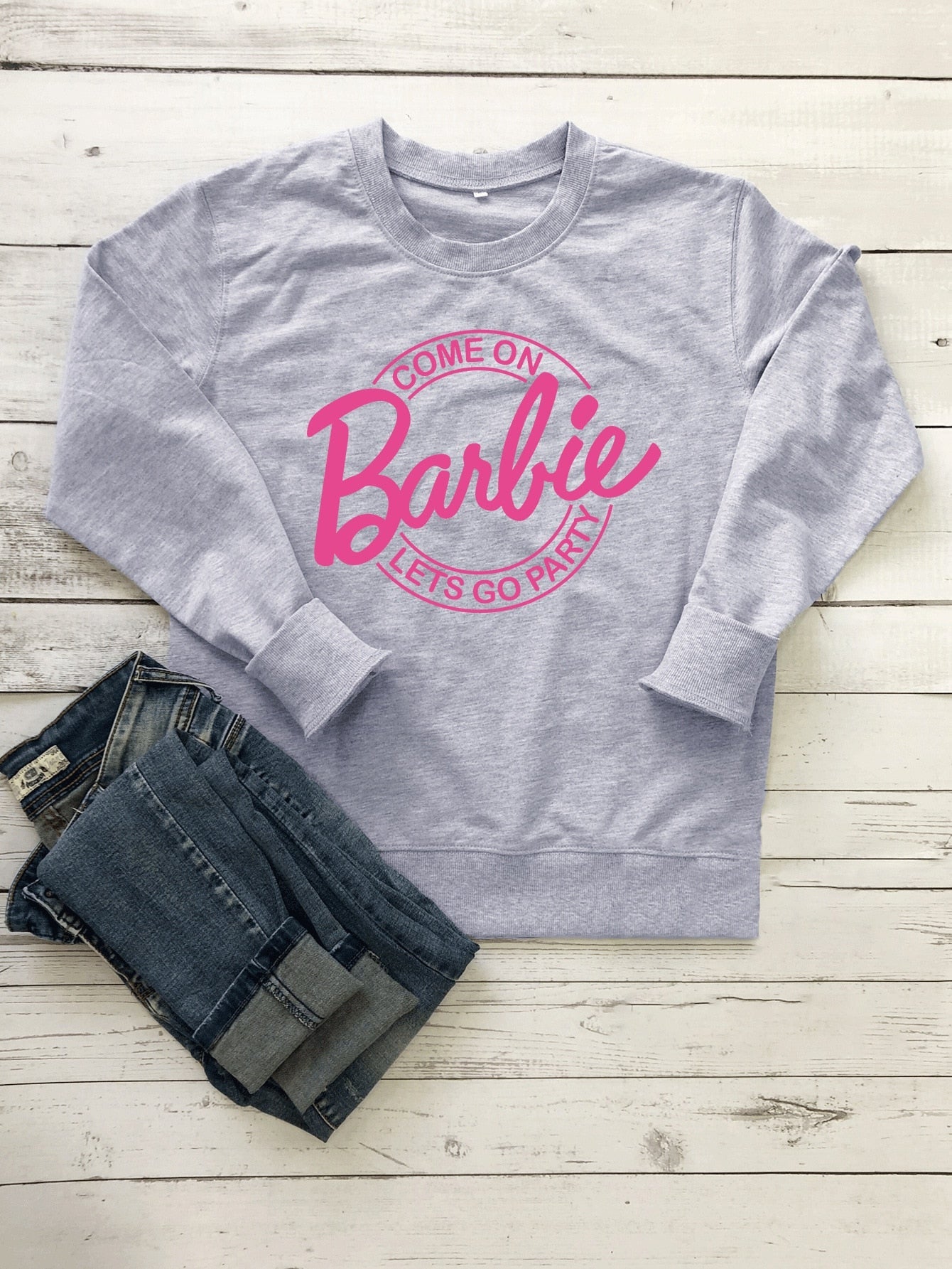 Barbie English Letter Printing Pattern Hoodie Fashion Couple Round Neck Sweater Loose Soft All Match Long Sleeves Tops Gofts grey