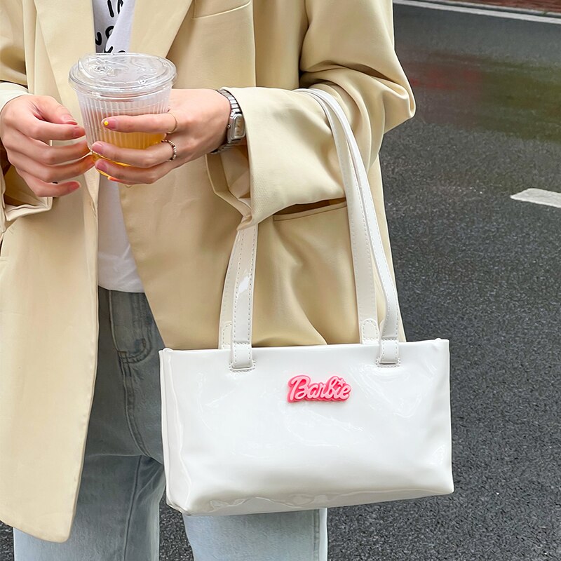 Barbie Girl Shiny Shoulder Bag Female Niche Design Bag 2022 New Handbag Fashion Girls Underarm Baguettes Bags Shopping Tote Bag white