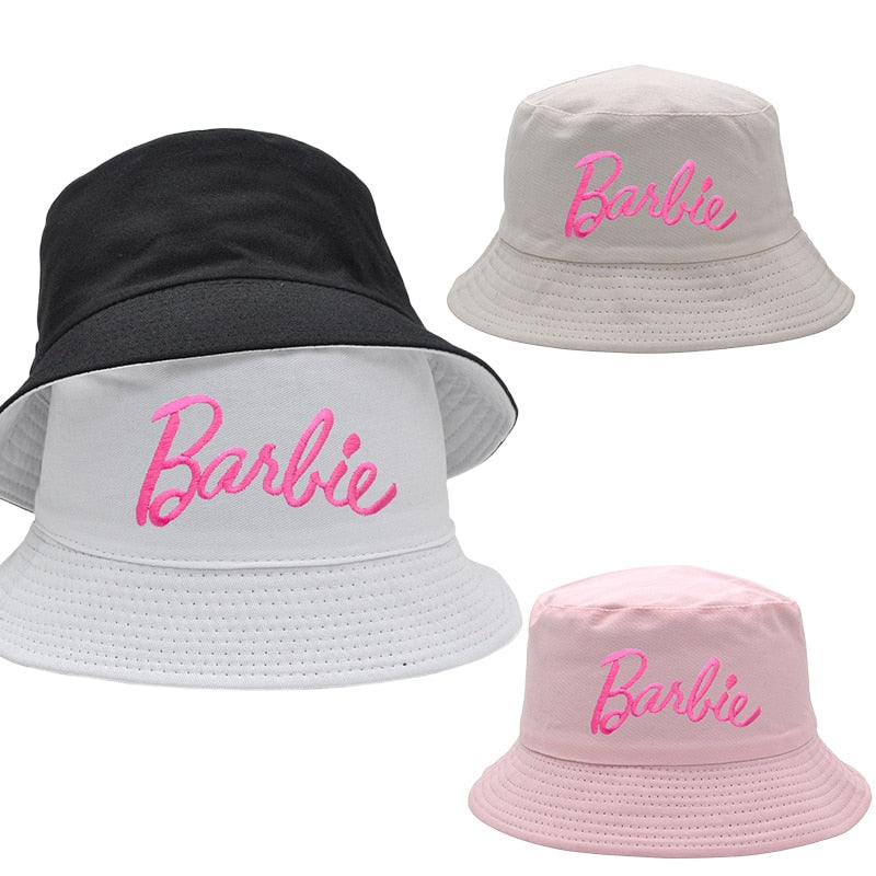 Barbie Letter Macaron Double-Sided Fisherman Hat Y2K Girls Hat Embroidery Cap Female Ladies Couple Casual Sunshade Sun Visor AMAIO