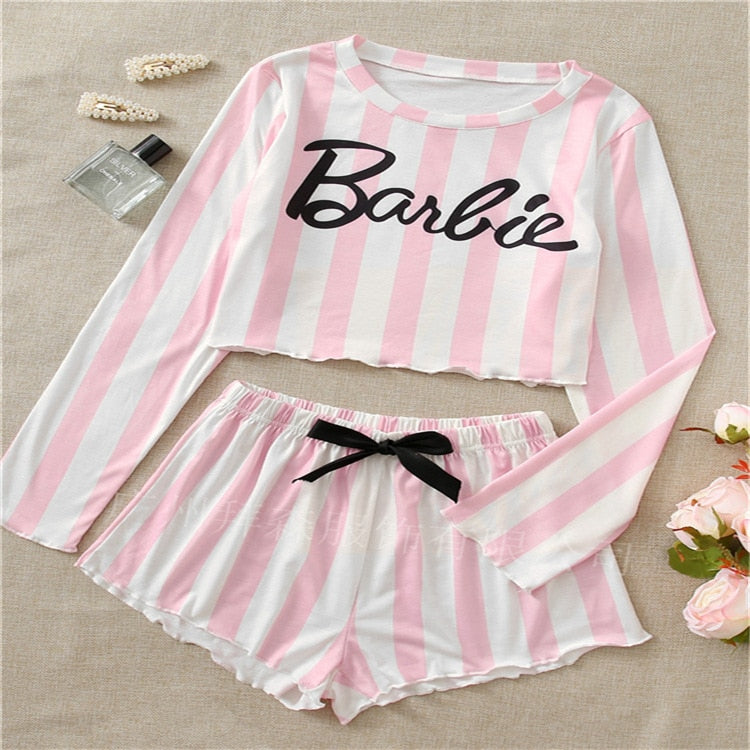 Barbie Letter Pink Home Service Kawaii Ice Silk Soft Ladies Pajamas Suit Long Sleeve Set Women Shorts Nightdress Clothes Gifts