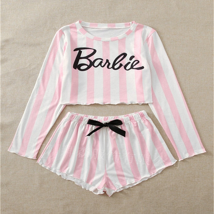 Barbie Letter Pink Home Service Kawaii Ice Silk Soft Ladies Pajamas Suit Long Sleeve Set Women Shorts Nightdress Clothes Gifts