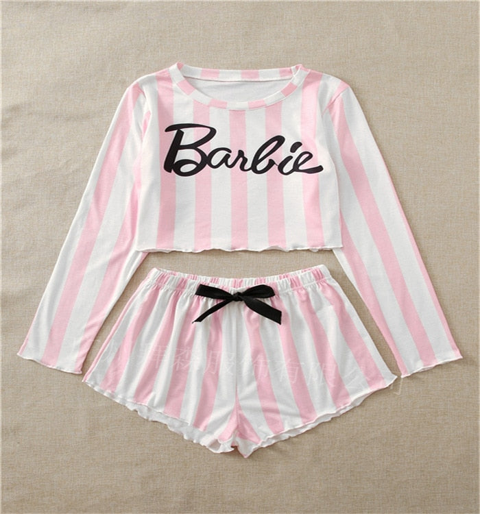 Barbie Letter Pink Home Service Kawaii Ice Silk Soft Ladies Pajamas Suit Long Sleeve Set Women Shorts Nightdress Clothes Gifts