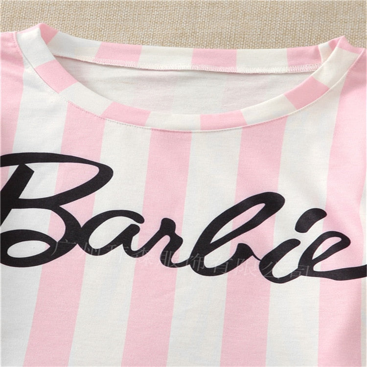 Barbie Letter Pink Home Service Kawaii Ice Silk Soft Ladies Pajamas Suit Long Sleeve Set Women Shorts Nightdress Clothes Gifts