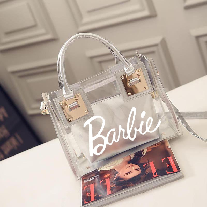 Barbie Letter Women Bag Fashion Beach Shoulder Handbag Portable Girls Messenger Transparent Jelly Ladies Bags Pouch Gifts silver